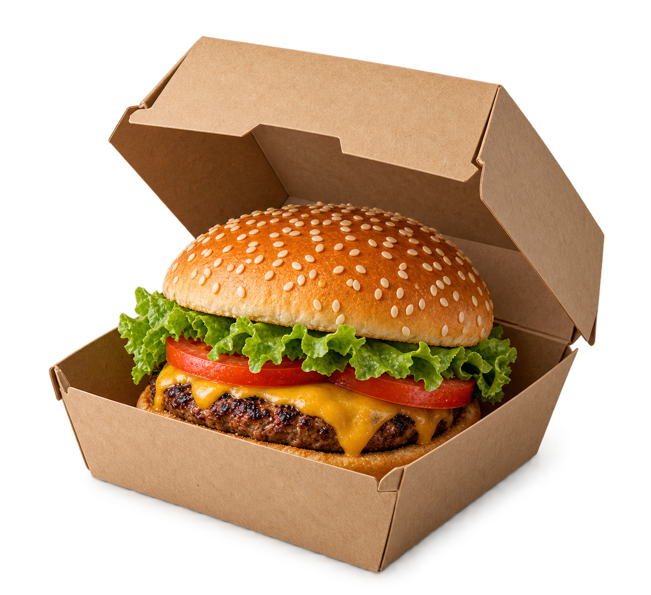 Open kraft burger box with a cheeseburger