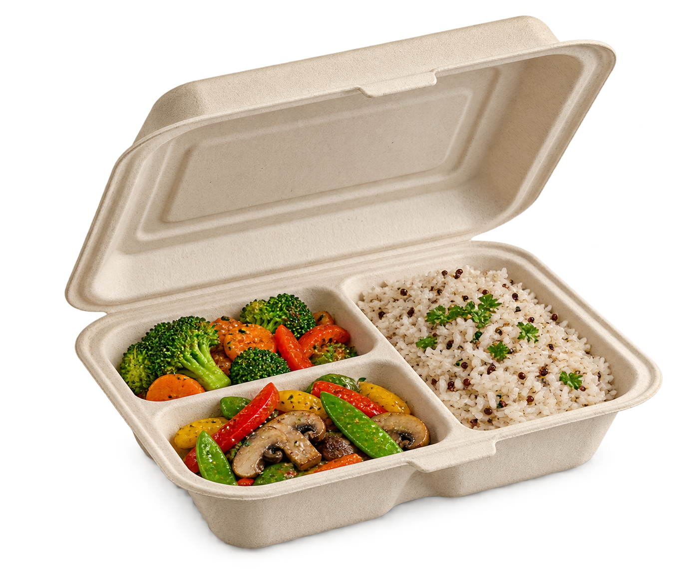 Moulded bagasse clamshell with a takeaway meal