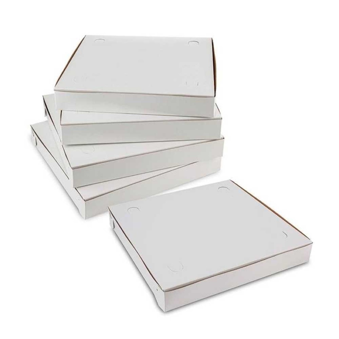 Stack of plain white paper pizza boxes